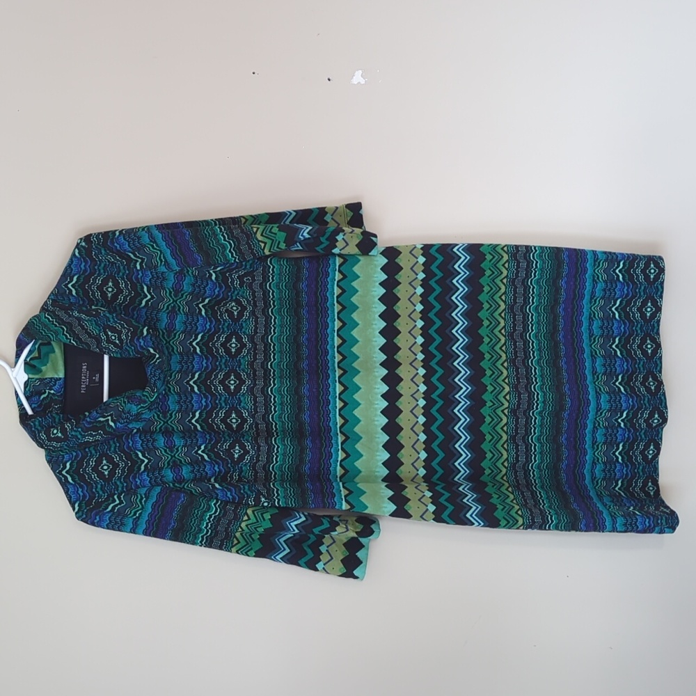 Perceptions NY Chevron Cowl Neck Stretch Dress Size S Green Blue Zig Zag Pattern